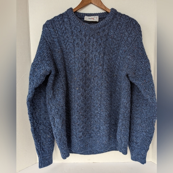 Avoca Ireland Pure New Wool Sweater Mens M Blue Fleck Donegal Cable Knit Vintage - Picture 7 of 12